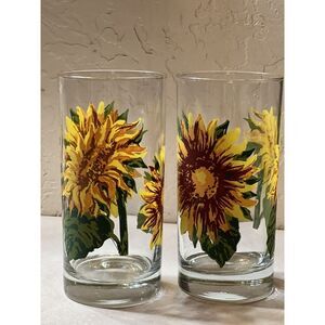 Pair Of Vintage Heavy Libbey Crisa Sunflower Drinking Glass‎ 12 oz.